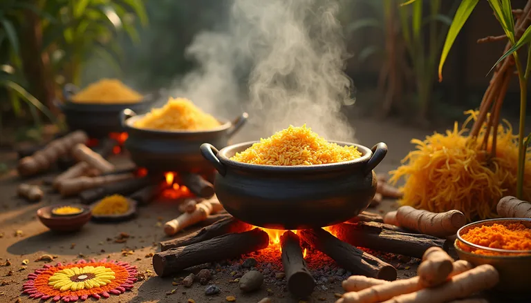 Pongal pots and sugarcane