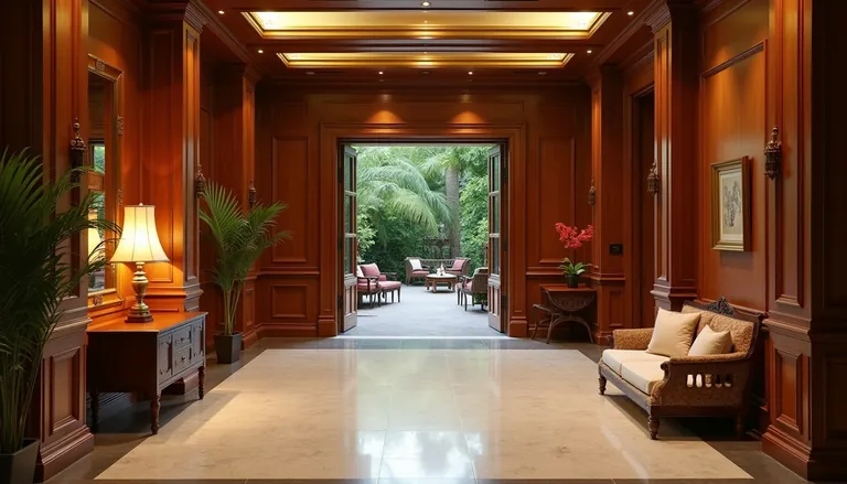 Club lobby with a traditional brass lamp